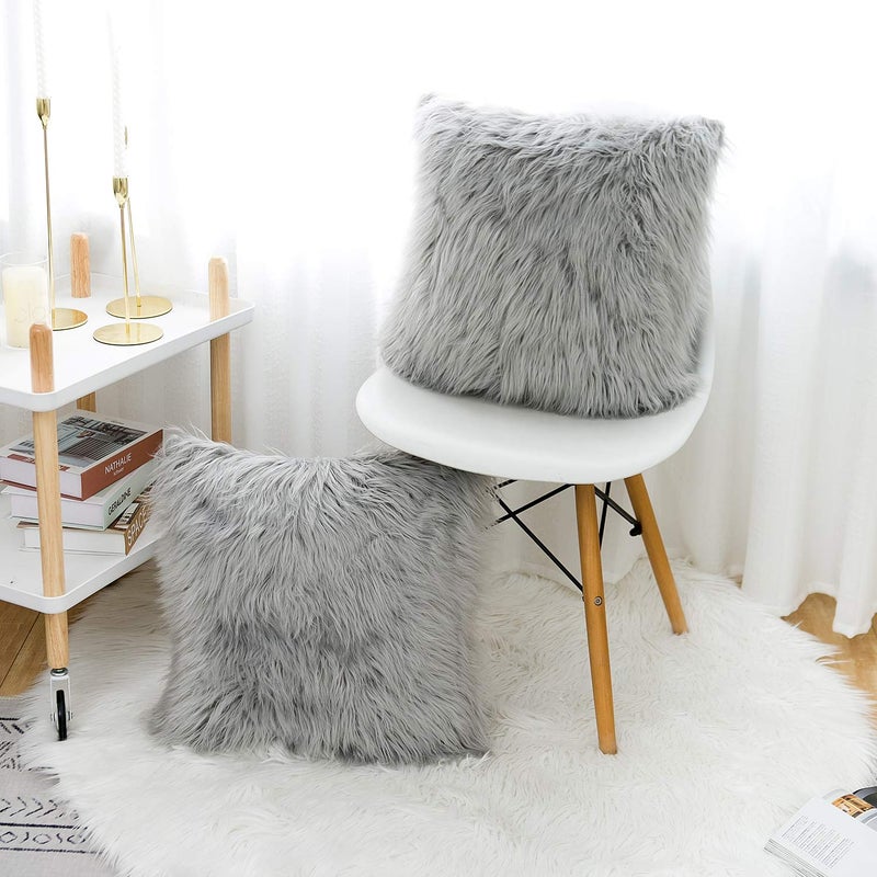 WLNUI Set of 2 Light Grey Decorative Fluffy Pillow Covers New Luxury Series Merino Style Faux Fur Throw Pillow Covers Square Fuzzy Cushion Case Spring Easter Home Decor 16x16 Inch - Image 5